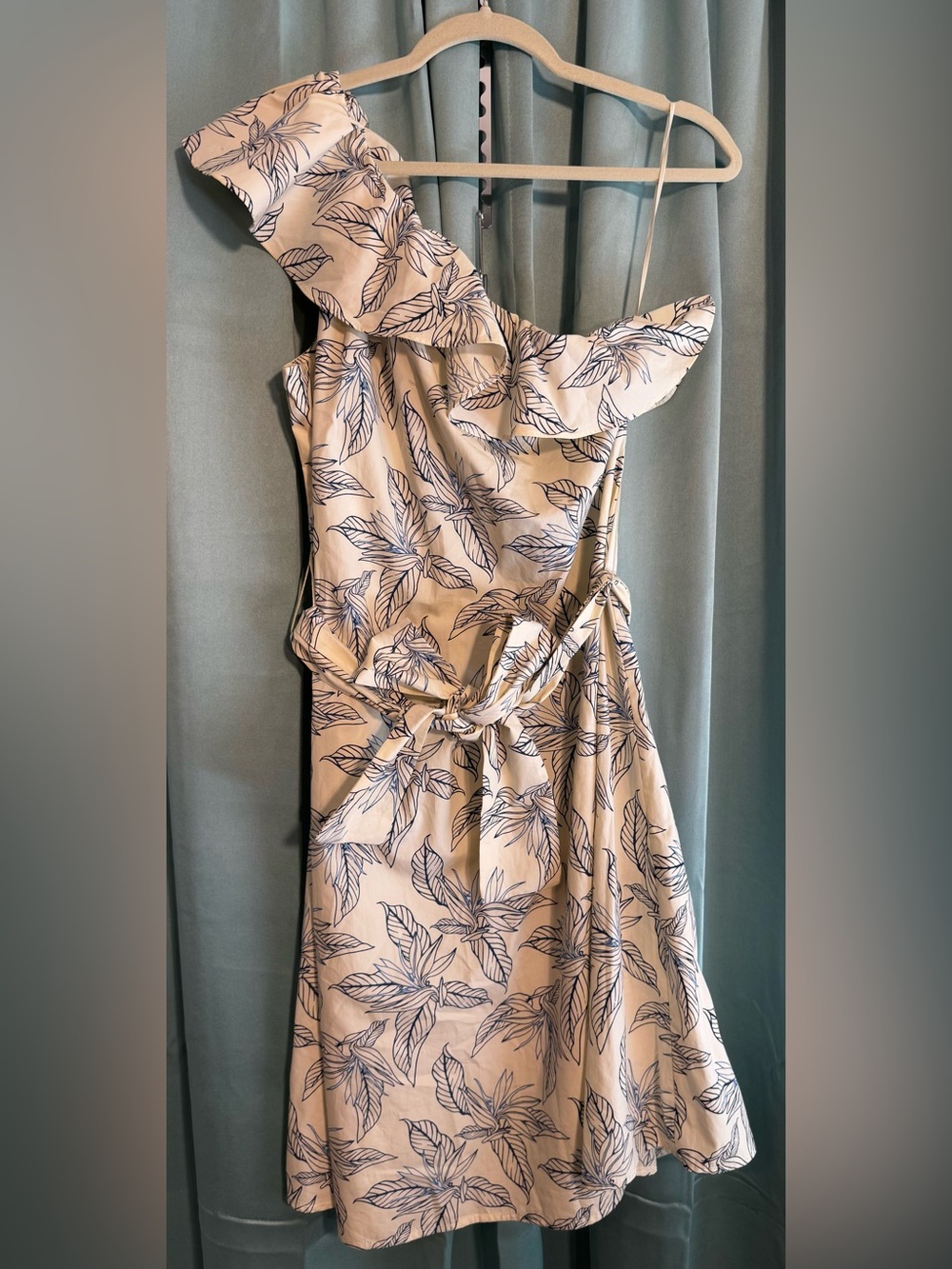 Banana Republic One Shoulder Dress Blue Leaf Print Ruffle Belted Cotton Size S